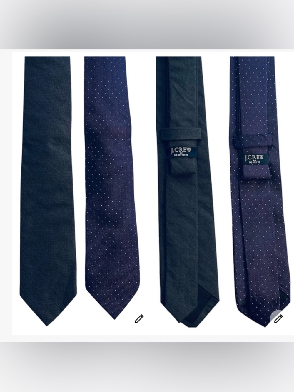 Lot of 2 J.Crew slim Ties:
Purple Pindot Silk & Textured Cotton charcoal